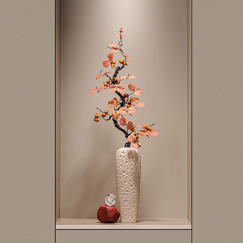 Luxury Rotating Stone Pattern Vase Ornament with Faux Flowers for Living Room Entrance Decor