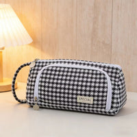 Large Capacity Canvas Pencil Case with Window, Portable Grid Pattern, Multi-functional Stationery Pouch for Students