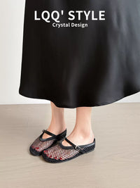 Women's Leather Rhinestone Fishnet Wedge Sandals with Hidden Heel
