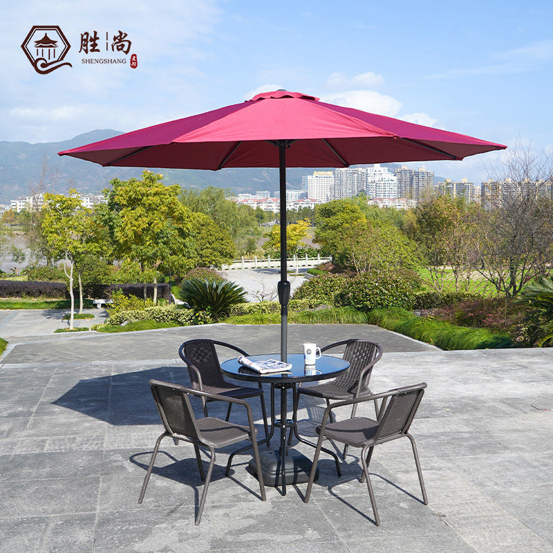 Outdoor Patio Wicker Dining Set with Umbrella, Carbon Steel Frame Table and Chairs