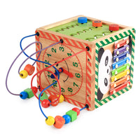 Wooden Activity Cube for Toddlers 1-3 Years Old, Multifunctional Bead Maze Toy with Shape Sorter and Gears