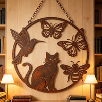 Rusted Metal Cat, Bird, Butterfly, Bee Garden Decor - Weatherproof Steel Outdoor Wall Art
