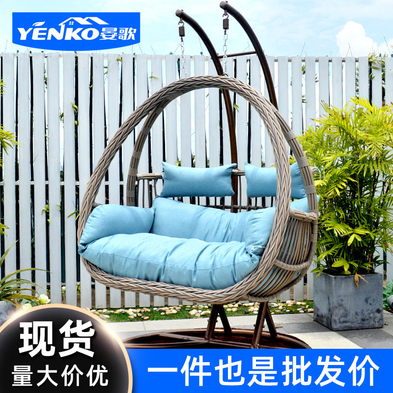 Indoor/Outdoor Rattan Wicker Swing Chair with Stand, Single Person Hanging Basket Chair for Patio Balcony Garden