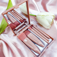 Mini Travel Makeup Brush Set with Mirror Case, 5-Piece Portable Cosmetic Brushes