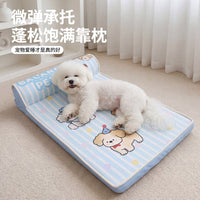 Cartoon Print Pet Cooling Mat with Neck Pillow - Scratch-Resistant Oxford Fabric Removable Washable Dog Cat Bed