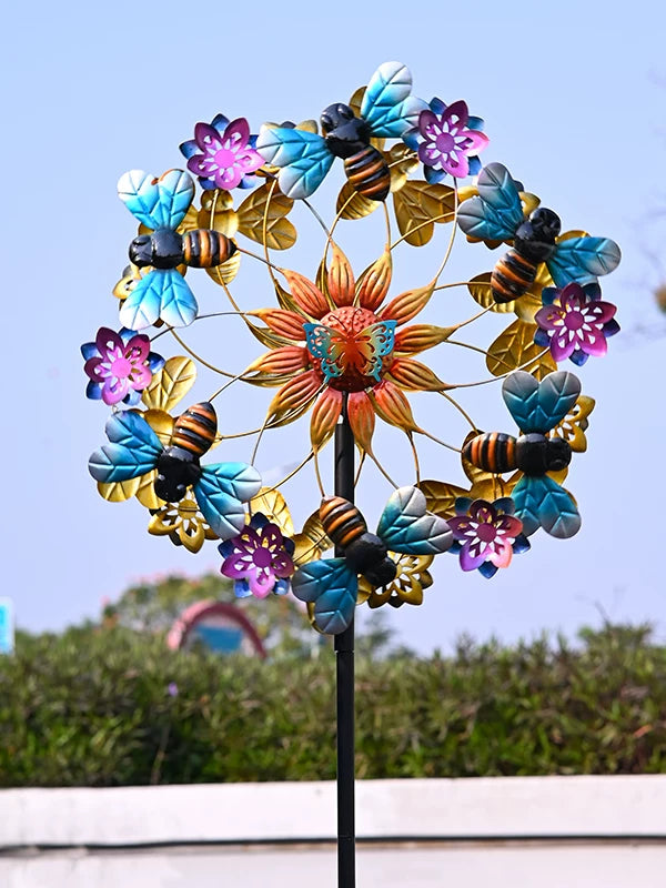 Solar-Powered Iron Art Bee Wind Spinner for Garden & Patio Decor
