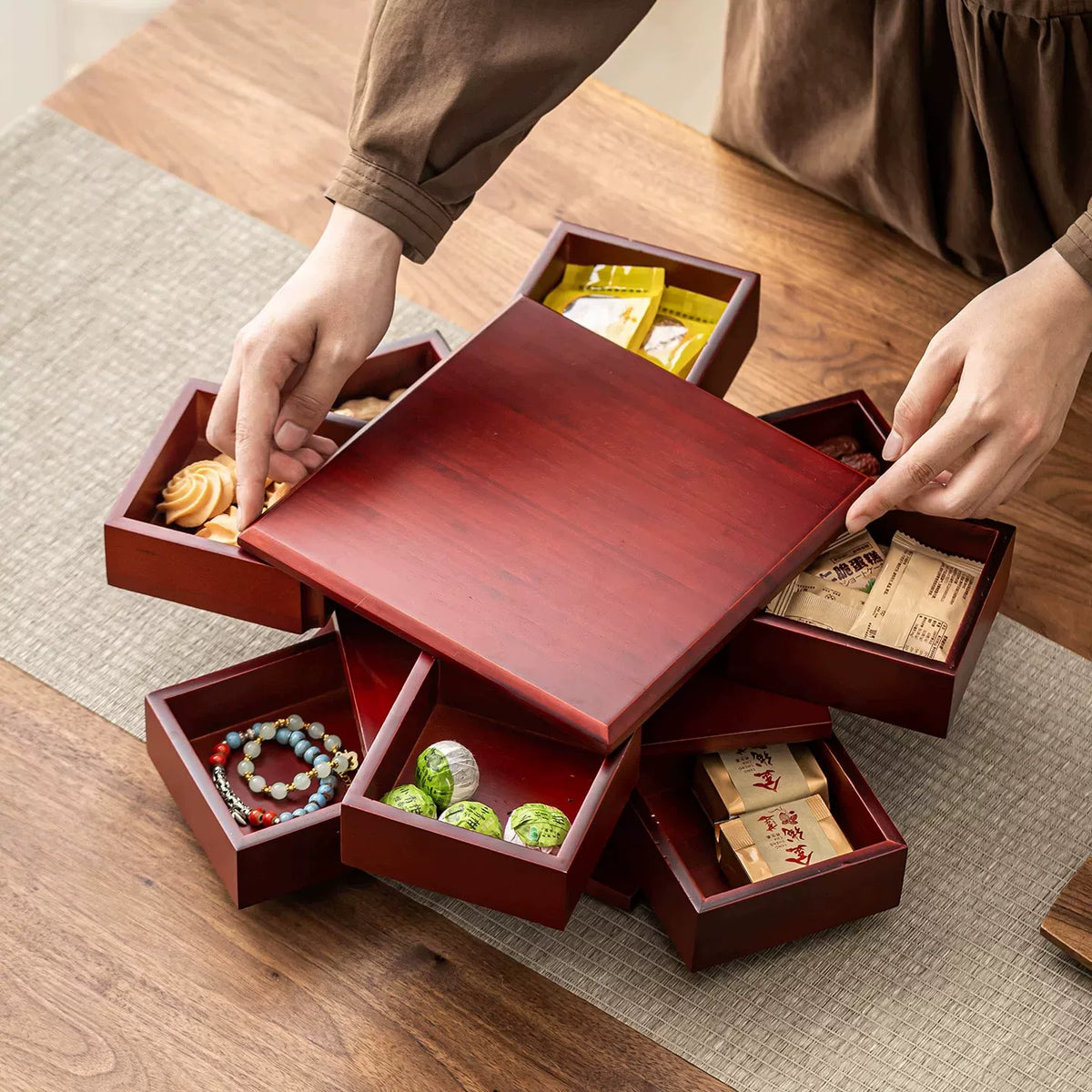 Vintage Wooden Multi-Layer Rotating Drawer Fruit Plate Snack Storage Box