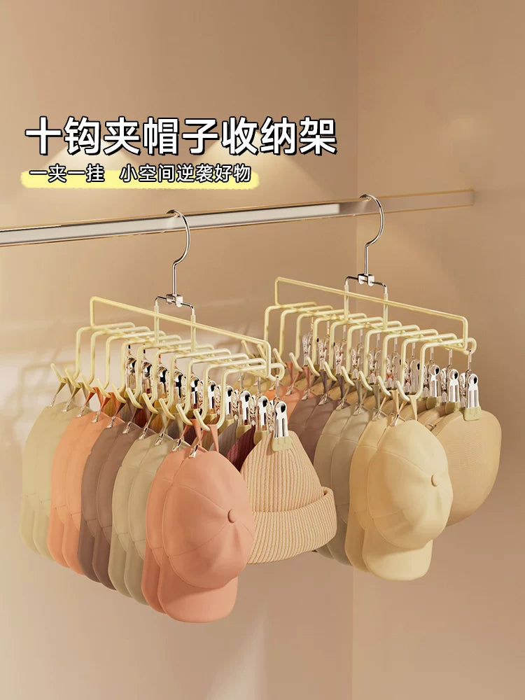 Hat Organizer Wall Mount with Clips for Baseball Caps, Berets, and Bucket Hats - Space-Saving Closet Storage