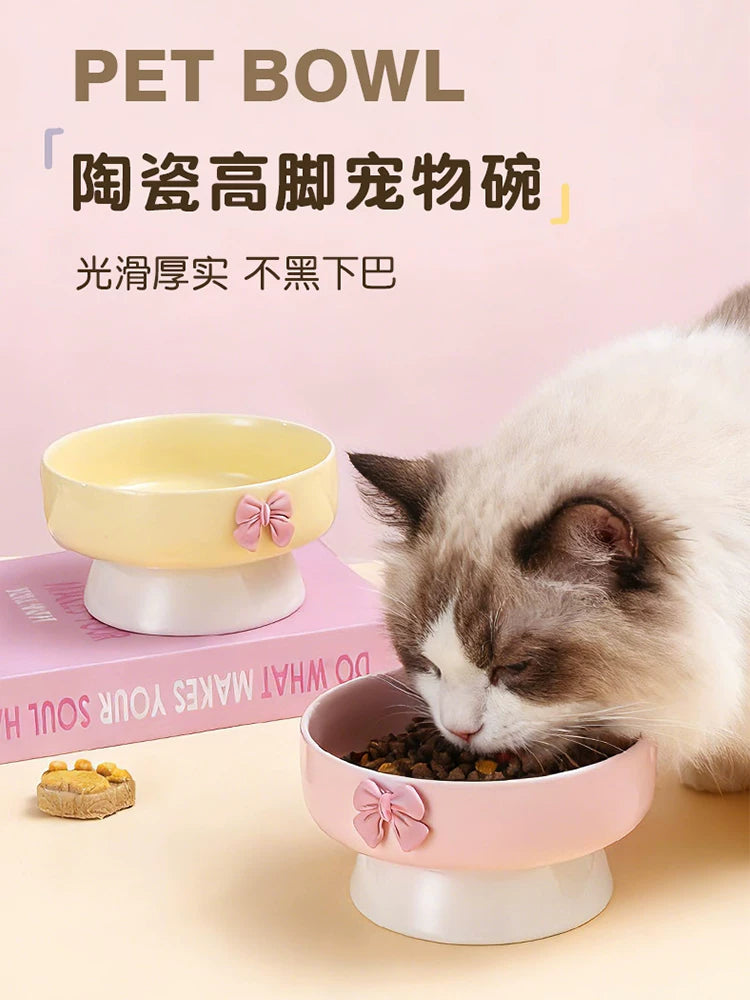 Elevated Ceramic Pet Bowl for Cats and Small Dogs - Tilted Wide Mouth Food and Water Dish