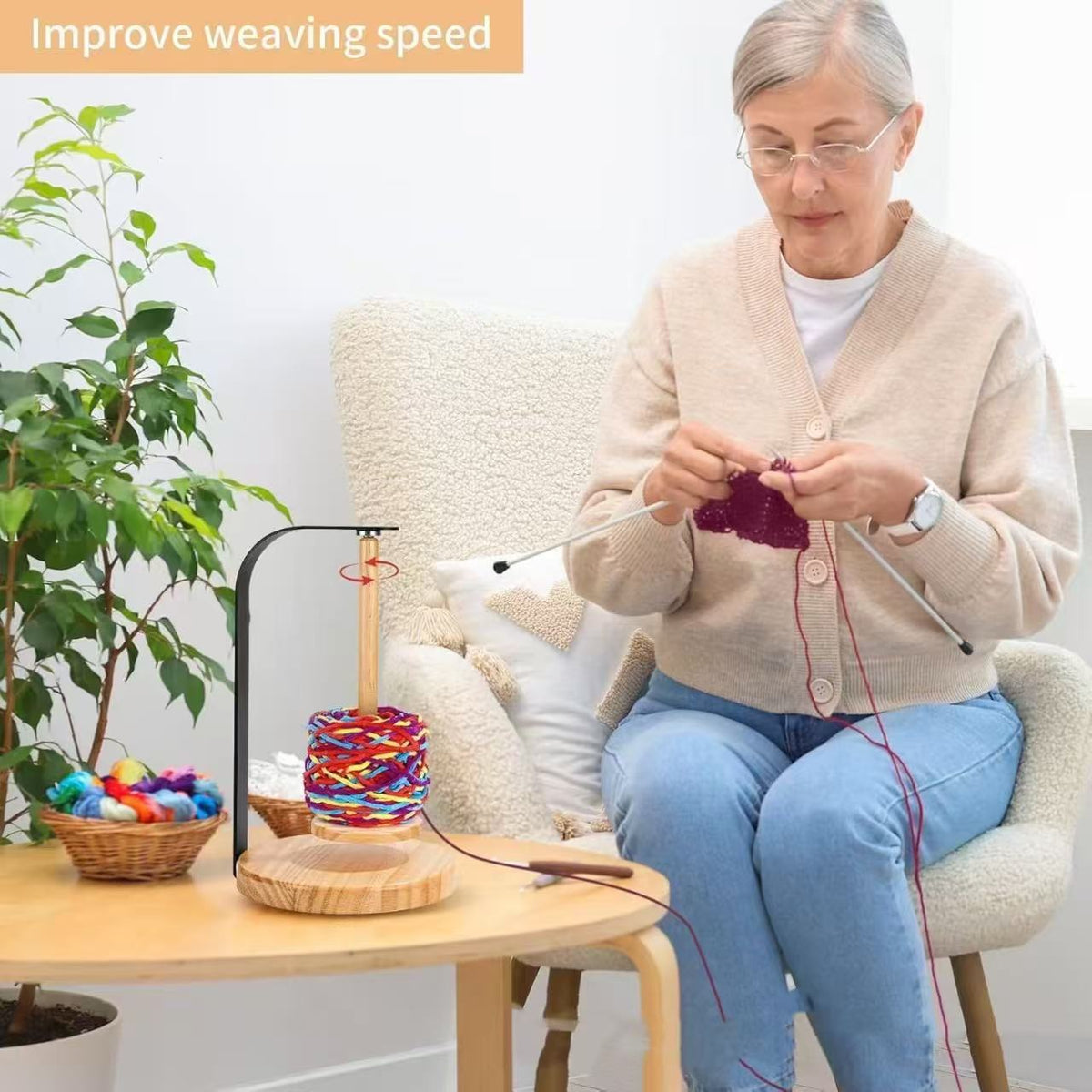 Magnetic Wooden Yarn Holder for Knitting and Crocheting, Rotating Yarn Ball Storage Spool Stand