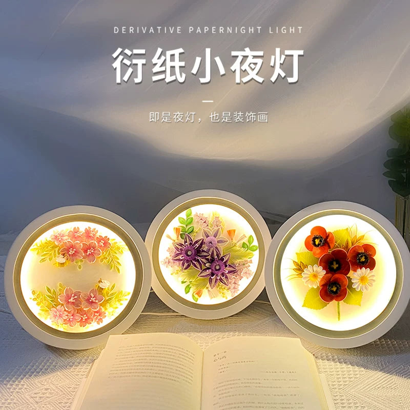 Quilling Paper Art Night Light Kit with Round Frame for Desktop Decor and Creative Gifting