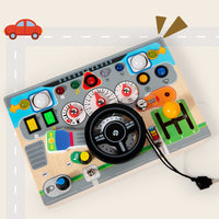 Montessori Steering Wheel Busy Board with LED Lights for Toddlers, Educational Wooden Toy