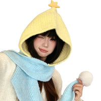 Knitted Star Balaclava Scarf Hat for Women, Winter Warm Hooded Scarf