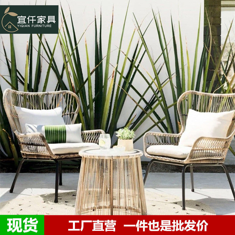 Outdoor Rattan Wicker Chair and Table Set for Patio Garden Balcony - 3 Piece Nordic Style