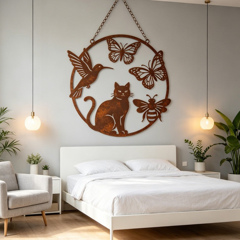 Rusted Metal Cat, Bird, Butterfly, Bee Garden Decor - Weatherproof Steel Outdoor Wall Art