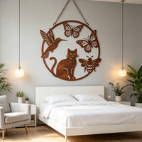 Rusted Metal Cat, Bird, Butterfly, Bee Garden Decor - Weatherproof Steel Outdoor Wall Art