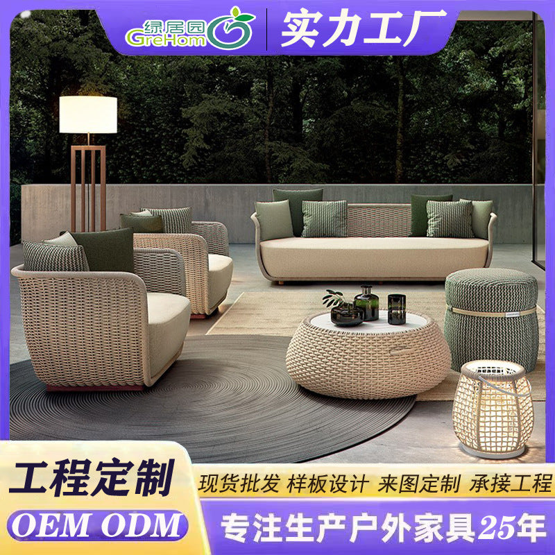 Outdoor Teak Rattan Sofa Waterproof Sunscreen Villa Hotel Single Courtyard Woven Sofa Combination Leisure Chair