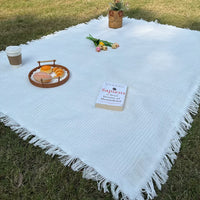 French Style Outdoor Picnic Blanket with Tassels, Thickened Double-Sided Camping Mat for Photography