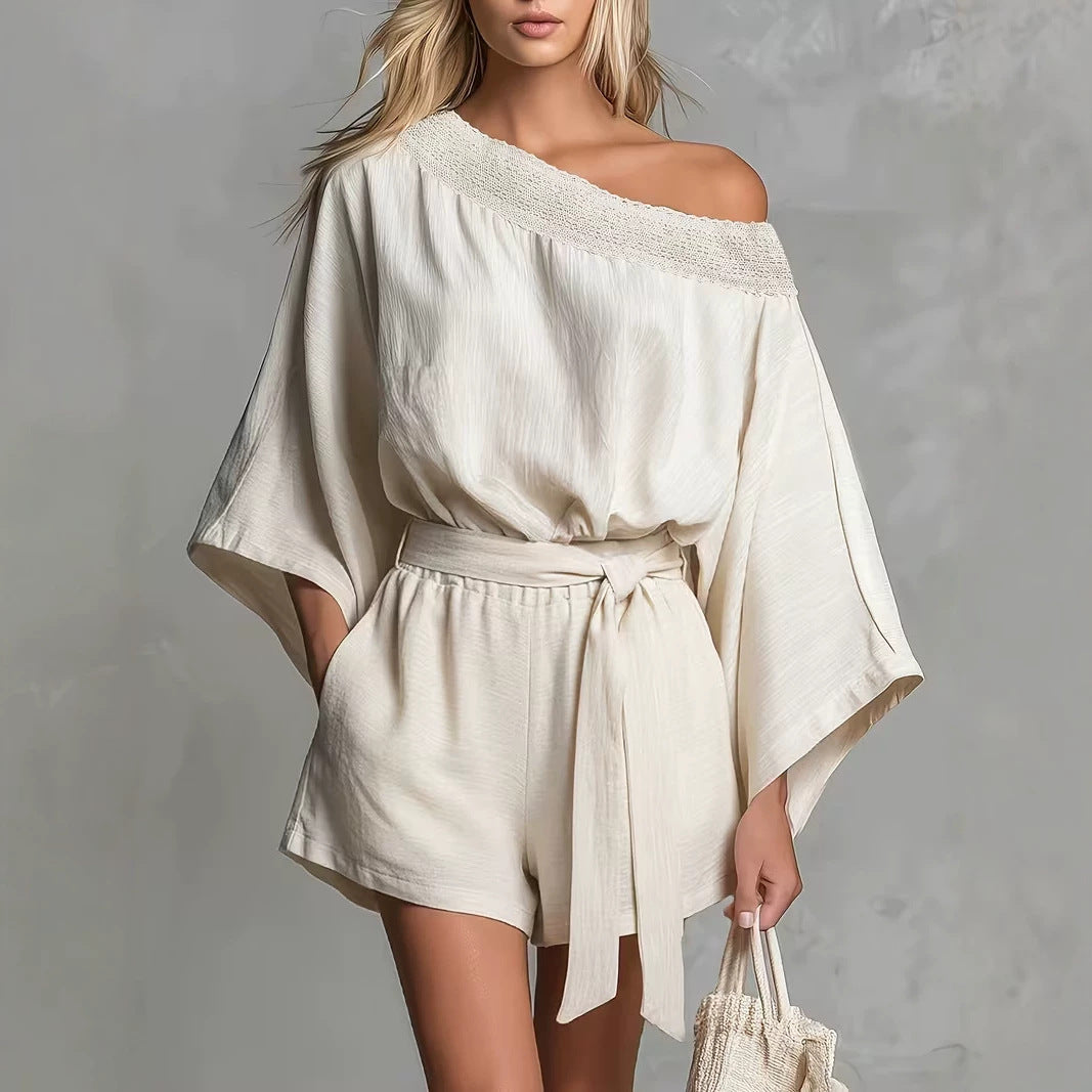 Women's Off-Shoulder Lace Trim Top & Tie-Waist Shorts Set