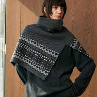 Fair Isle Vintage High-Neck Knitted Scarf Poncho for Women, Thick Warm Winter Shawl