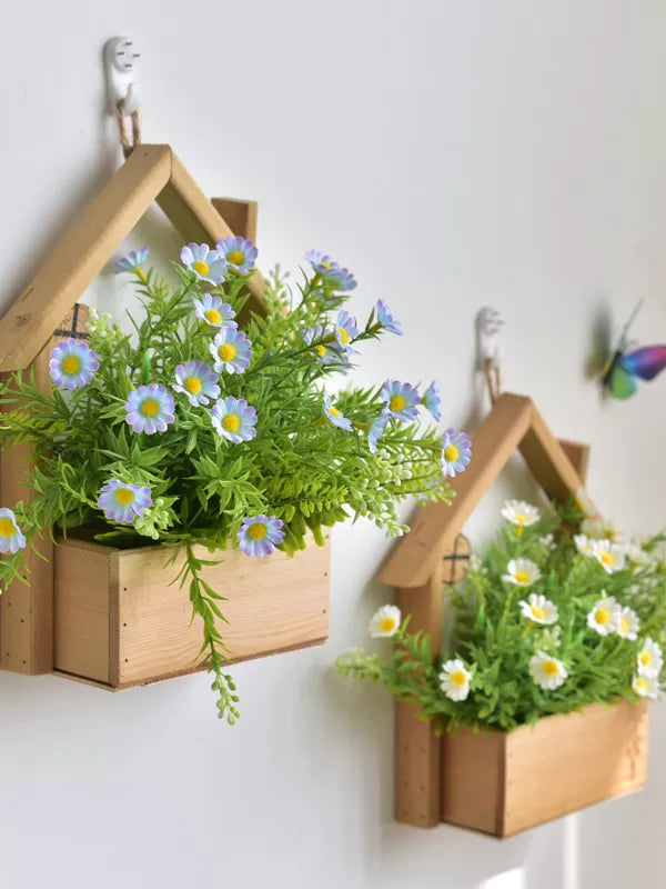Artificial Flower Wall Decor with Wooden House Ornament for Living Room Bedroom