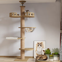 Floor-to-Ceiling Cat Tree with Scratching Post and Play Structures, Solid Wood, Adjustable Height
