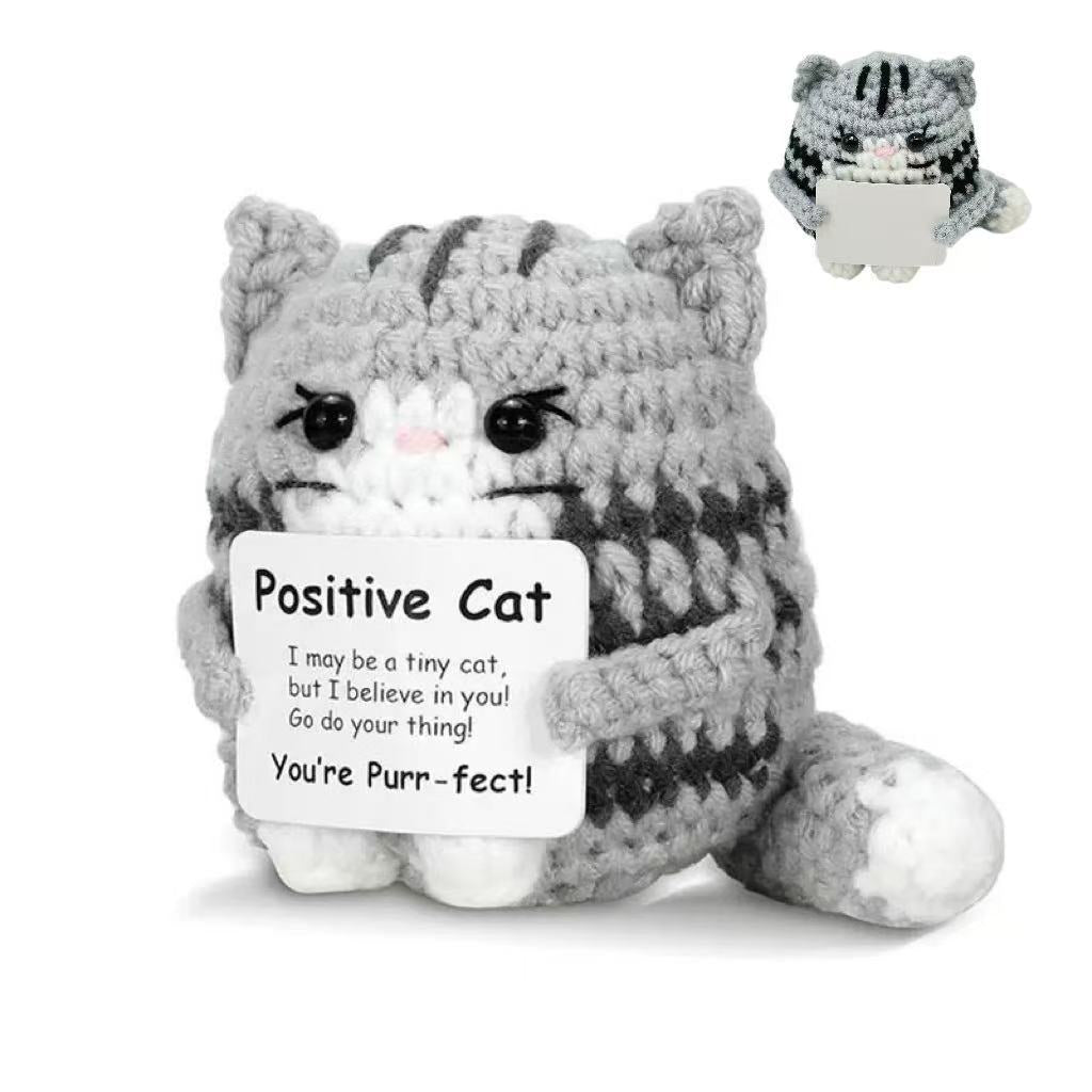 Positive Crochet Cat Doll with Affirmation Card, Handmade Knitted Animal Figurine