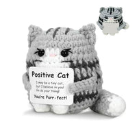 Positive Crochet Cat Doll with Affirmation Card, Handmade Knitted Animal Figurine