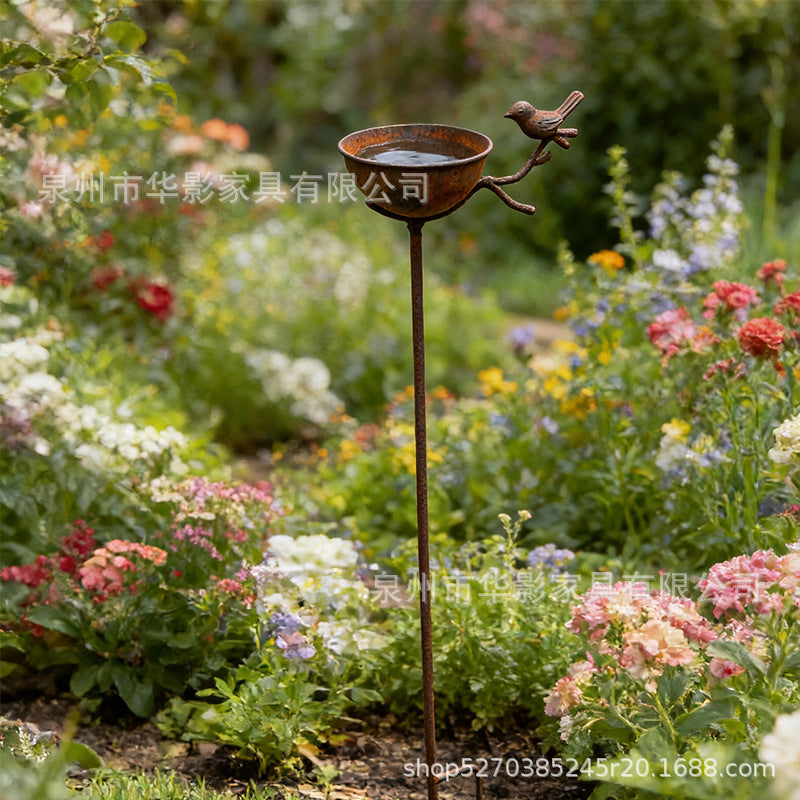 Rustic Cast Iron Bird Feeder & Bath Stake for Outdoor Garden & Park Decor