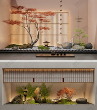 Japanese Zen Garden Micro-Landscape Design SU Model - Dry Landscape, Stone Path, Red Maple