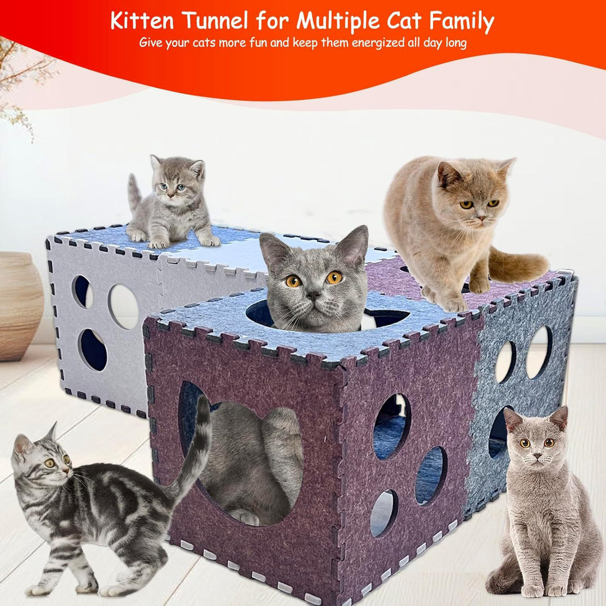 DIY Felt Cat Tunnel and Bed Cube Set - Foldable Multi-Combination Cat Toy with Scratch Pad