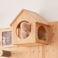 Wall-Mounted Cat Perch with Pegboard, Solid Wood Cat Climbing Frame, No-Drill Cat House & Shelf