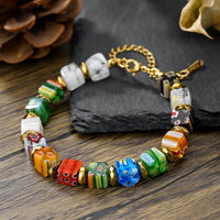 Elegant Millefiori Glass Bead Flower Bracelet for Women, Adjustable Stainless Steel Chain
