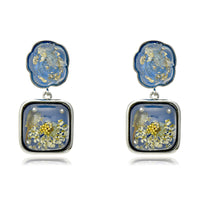 French Vintage Square Resin Earrings with Dried Flowers and Amber Effect, S925 Silver Needle