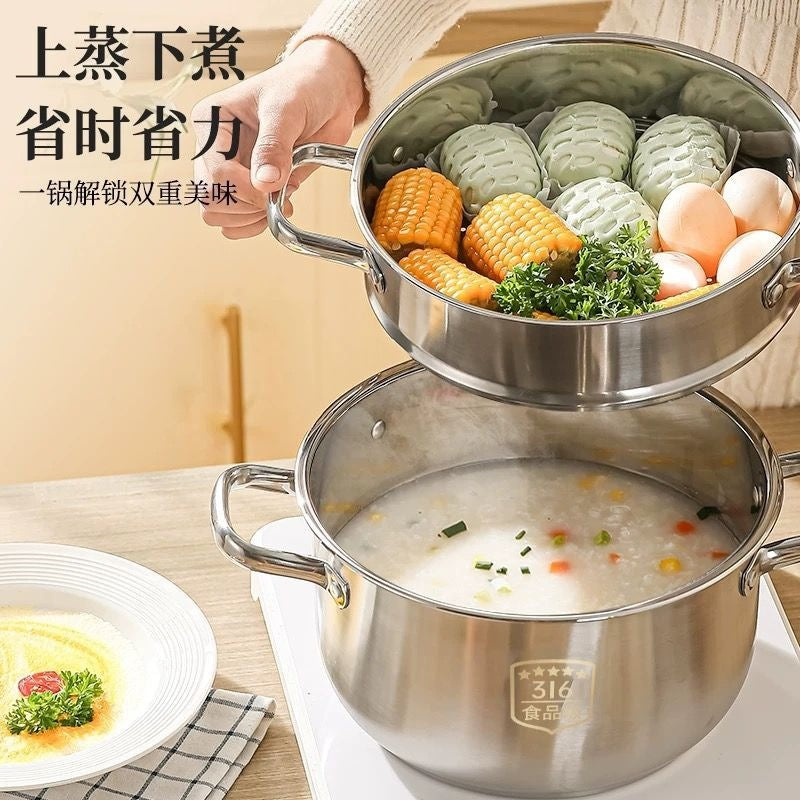 316 Stainless Steel Steamer Pot with Lid, Food Grade Induction Cooker Compatible Soup Pot with Steaming Rack