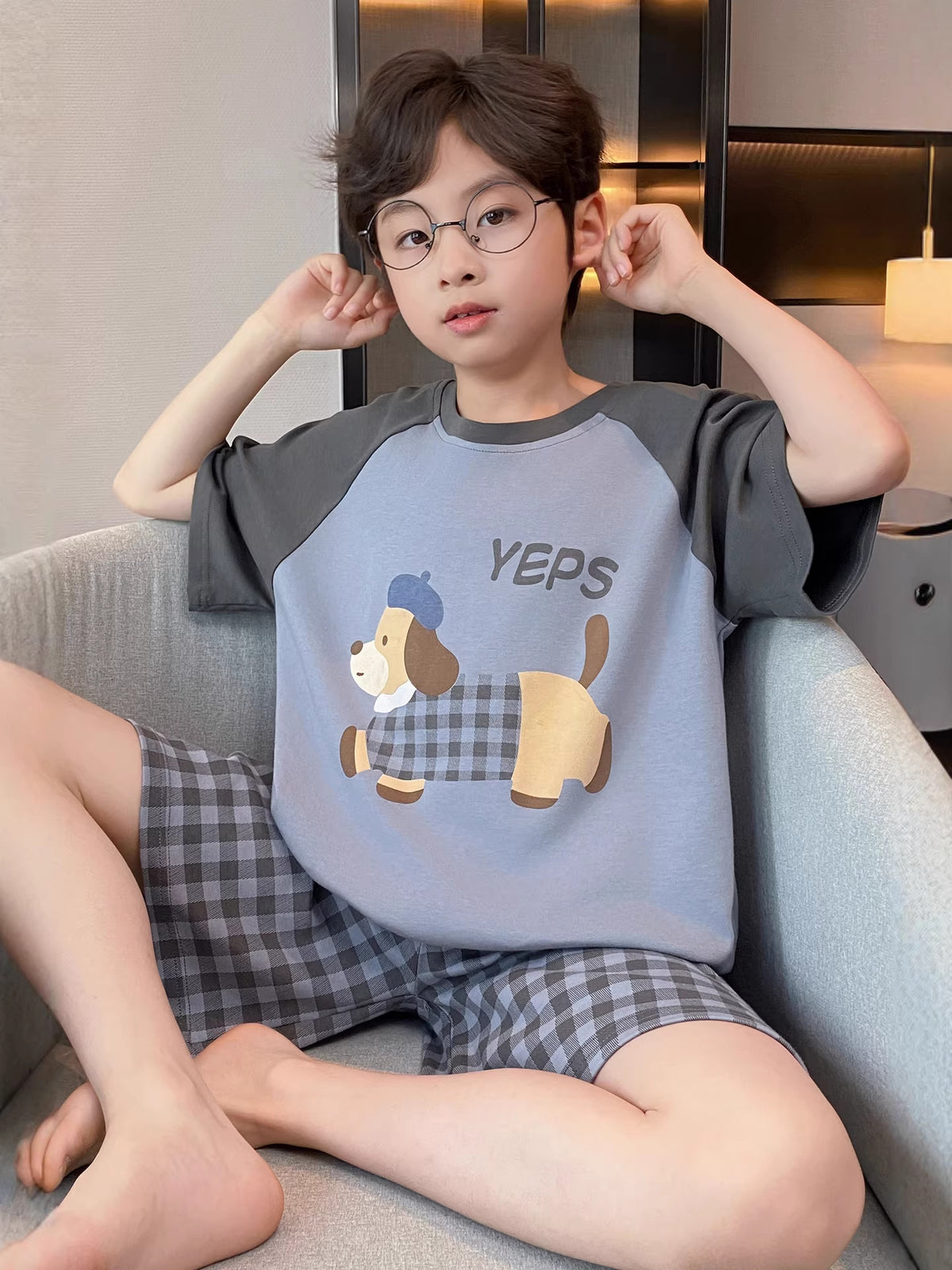 Boys' Summer Cotton Pajama Set Short Sleeve & Shorts Cute Cartoon Print Homewear for Kids