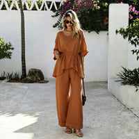Women's Crinkled Tie-Waist Wide-Leg Pants and Top Set
