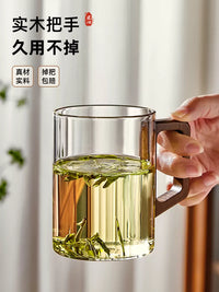 Heat-Resistant Glass Teacup Set with Wooden Handle and Tray for Home or Office