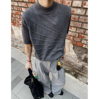 Men's Striped Slim Fit Knitted T-Shirt Ice Silk Quick Dry Short Sleeve Business Casual Top
