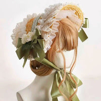 Bonnet Straw Hat with Ribbon Bow for Lolita Dresses and Light Apparel