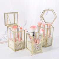 Vintage Glass Makeup Brush Holder with Lid - Dustproof Metal Organizer for Eyebrow Pencils and Brushes