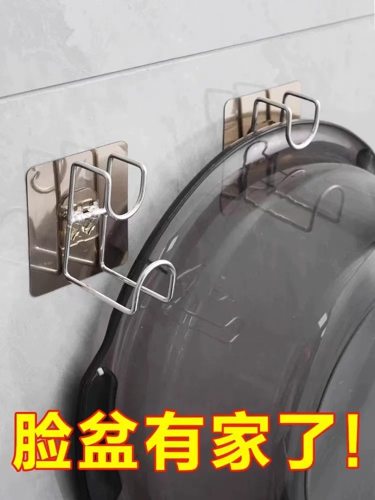 Punch-Free Wall-Mounted Basin Rack with Strong Adhesive Hooks for Bathroom Organization