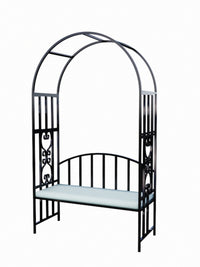 European Garden Iron Arch with Bench, Climbing Plant Trellis, Patio Rose Arbor