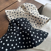 Japanese Style Polka Dot Cotton Linen Sun Hat with Windproof Rope and Wide Brim