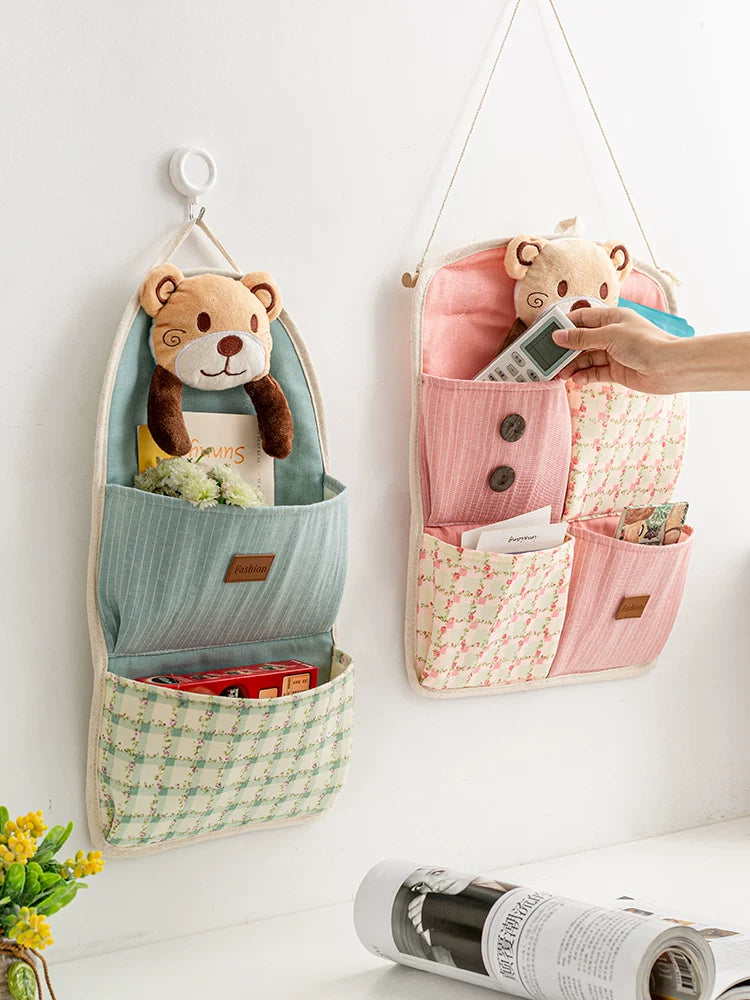 Fabric Wall Hanging Storage Bag with Multiple Pockets for Keys, Phones, and Small Items