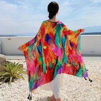 Rainbow Feather Print Sun Protection Cape Shawl for Women, Lightweight Summer Travel Cover-Up
