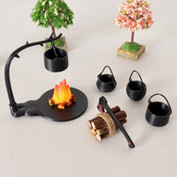 Dollhouse Miniature Campfire Cooking Pot Set with Flame and Wood for Outdoor Christmas Scenes, 1/12 Scale