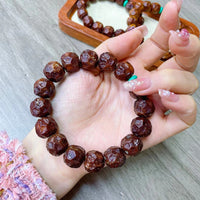 Bodhi Seed Prayer Beads Bracelet with Carved Rat Design, Single Strand for Men and Women