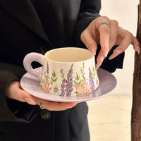 Ceramic Coffee Mug with Saucer and Spoon, Elegant Office Tea Cup, Birthday Gift for Women