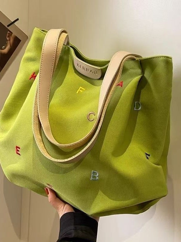 Large Capacity Canvas Tote Bag for Women, Embroidered Letter Shoulder Bag, Student Handbag